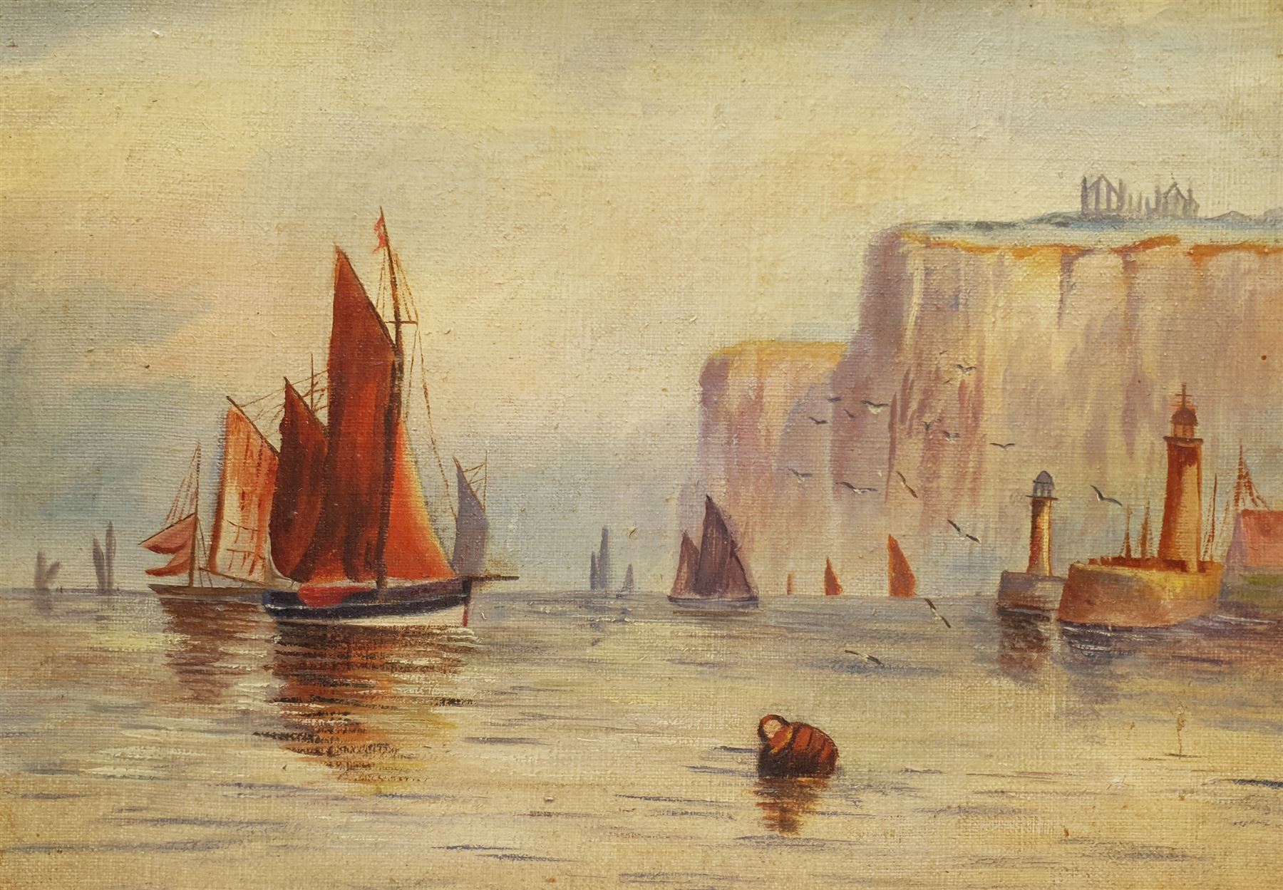 English Primitive School (19th century): Shipping Off Whitby, oil on canvas board unsigned 24cm x 34cm