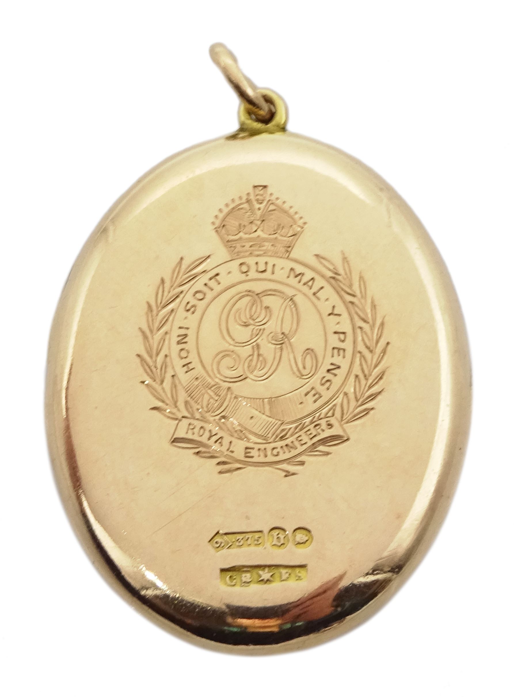 WW1 9ct rose gold hinged locket pendant with Royal Flying Corps and Royal Engineers engraved insignia, with officer photographic portraits within, by Cornelius Desormeaux Saunders & James Francis Hollings (Frank) Shepherd, London 1917

Provenance: From the late professor Derek Colville Scarborough
