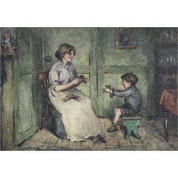 Albert George Stevens (Staithes Group 1863-1925): Cottage Interior with Mother and Child Winding Wool, watercolour signed 25cm x 36cm