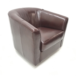Swivel tub chair upholstered in chocolate brown leather, W80cm