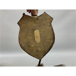 Taxidermy: Red fox mask (Vulpes vulpes), with mouth agape bearing teeth and ears back, mounted upon wooden shield, with brush, shield H24cm
