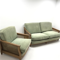 Ercol elm Bergere three seat sofa, Golden Dawn finish (W185cm) and matching armchair (W91cm)