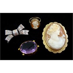 Gold cameo brooch hallmarked 9ct and a similar gold ring, stamped 9ct, Victorian silver bow brooch with applied gold work and engraved decoration by William Clark Manton, Birmingham 1896 and an amethyst stone with gold mount