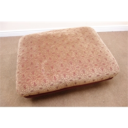  Large rectangular footstool upholstered in a maroon leather and light gold fabric, turned supports, W114cm, H36cm, D87cm  