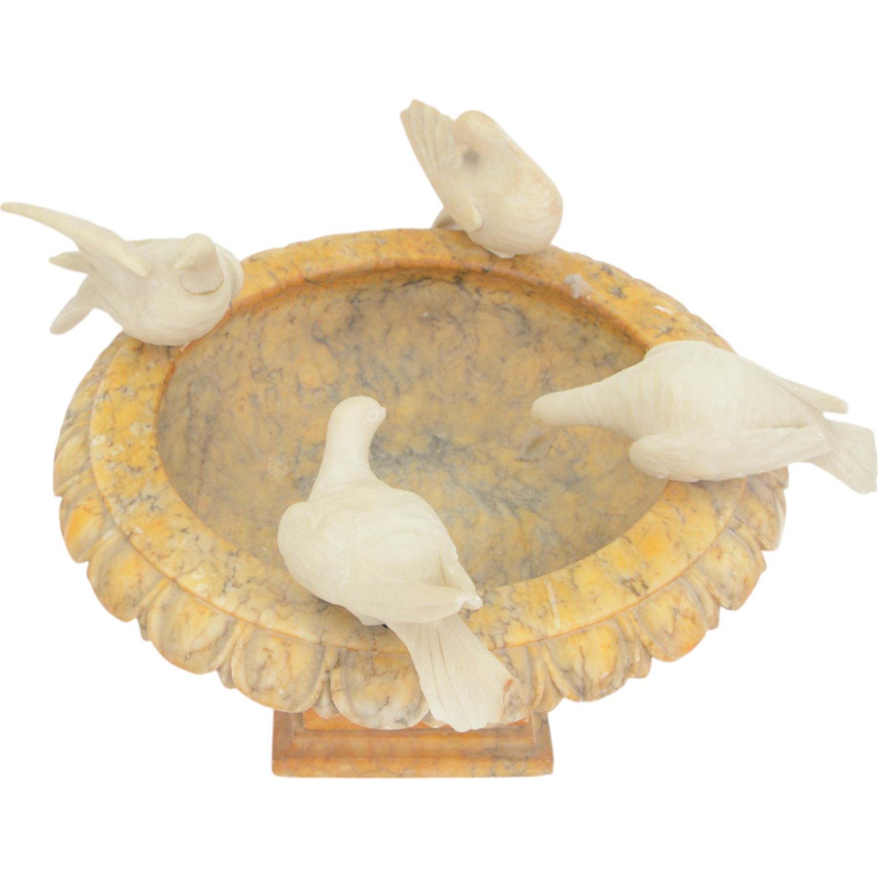 20th century alabaster bird bath, shallow bowl form with egg and dart moulded rim, mounted by four doves, H30cm, D35cm