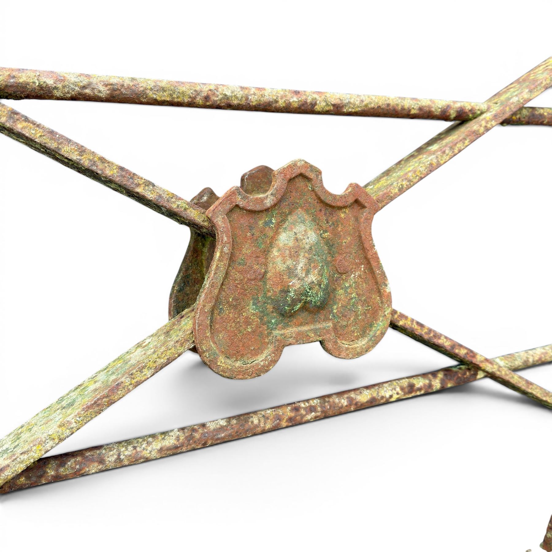 Impressive 19th century 9' wrought iron Country House gate, bar form with close rail base, X framed with central crests, scroll and spike top