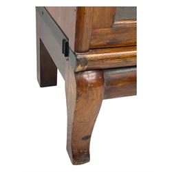 Globe Wernicke - early 20th century mahogany three-tier stacking library bookcase, three glazed sections enclosed by hinged and sliding doors, interior with transfer label, raised on cabriole front supports