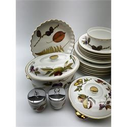 Royal Worcester Evesham dinner service including dinner plates, bowls and side plates all sets of six, five soup bowls, gravy boat and dish, four serving dishes with lids,  one platter, two serving dishes, two jars with lids and two other dishes. 