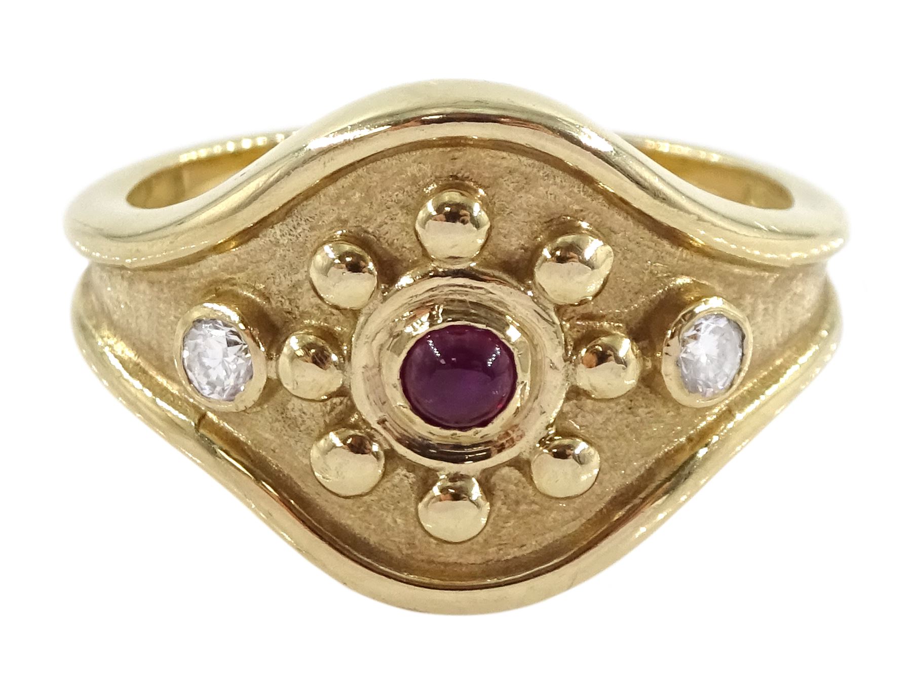 9ct gold three stone cabochon ruby and round brilliant cut diamond ring, Sheffield 1996