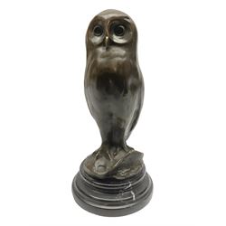 Bronze figure, modelled as a perched owl, upon circular stepped base, after Milo and with J.B Deposse Paris foundry mark, H24.5cm