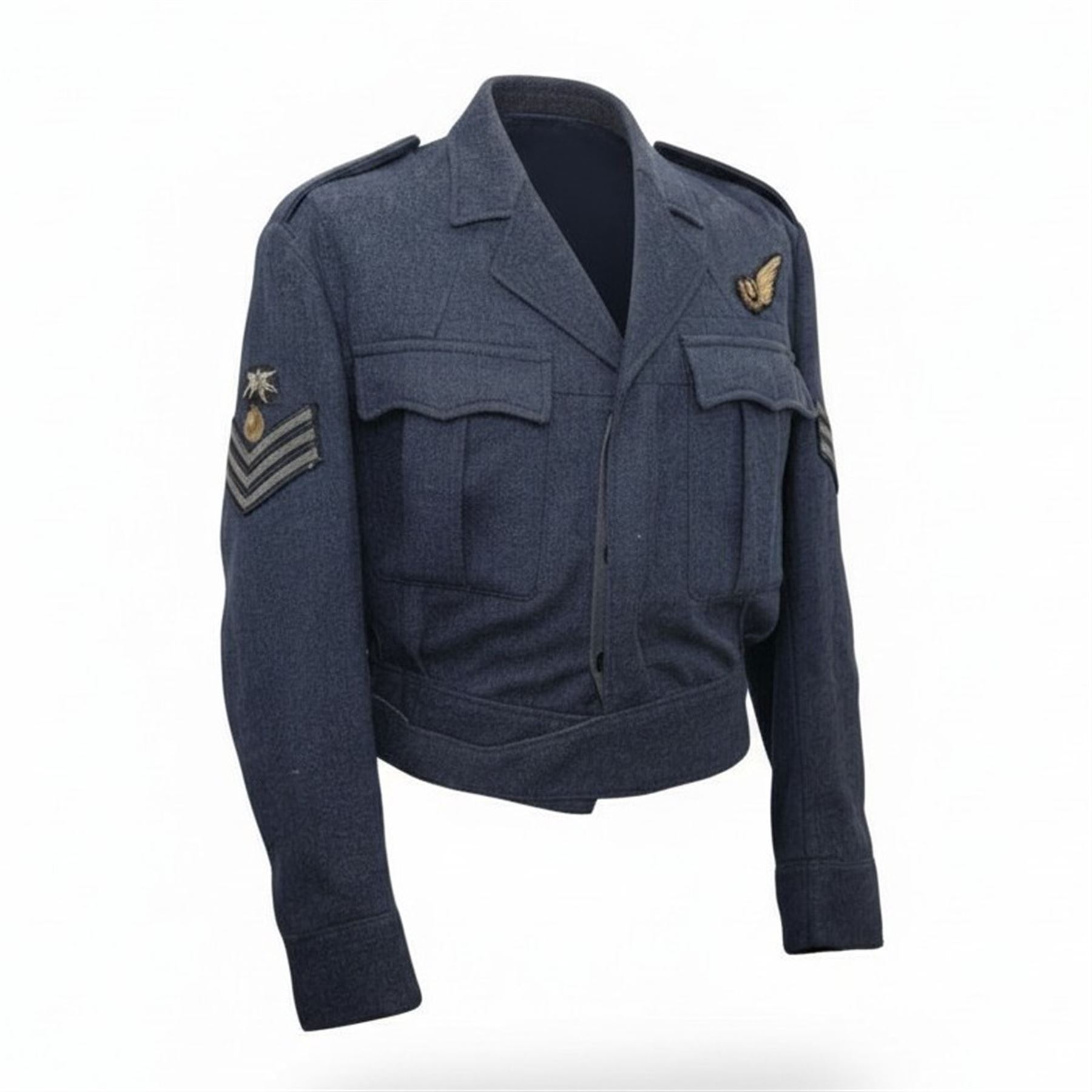 WWII Royal Air Force battle dress blouse, belonging to Flight Sargent Colin Scott 3011422, dated 1945, tailors label for M & N Horne Ltd 1945, Size No 7, blue cloth, Signaller cloth brevet, wireless officers patch to right sleeve and braid sergeant stripes to both sleeves, together with his flight log book, postings & Movements, Royal Air Force Service and Release Book, photographs etc  