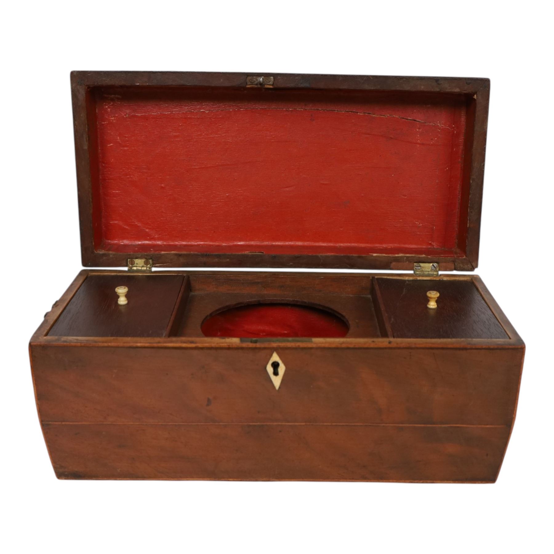 Marquetry inlaid satinwood tea caddy, of rectangular for the hinged cover and front with conch shell motifs, with two compartments, together with a sarcophagus shaped tea caddy