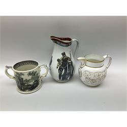 Collection of 19th century ceramics, to include jug of baluster form, with transfer printed decoration, 'independent order of odd fellows' and gilt detail, two handled loving cup depicting Robert Burns inside and on the base, with printed river scenes, cottage pastel burner, Blue and white teapot with a matching stand etc. 