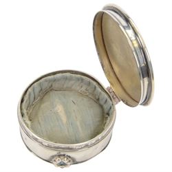 Silver stamp box, the hinged cover with glazed stamp panel, upon four bun feet, stamped 925, together with 1920's silver jewellery box of circular form with engraving to the lid, hallmarked 1920 Birmingham, indistinct maker and covered box with engraving to the lid, hallmarked probably William Harrison Walter 1907, London     