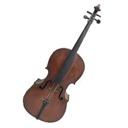 Mid-19th century German Saxony cello for restoration and completion with 75.5cm two-piece maple back and ribs and spruce top, bears manuscript repair label 'W. Drake Nov.1887', L121.5cm