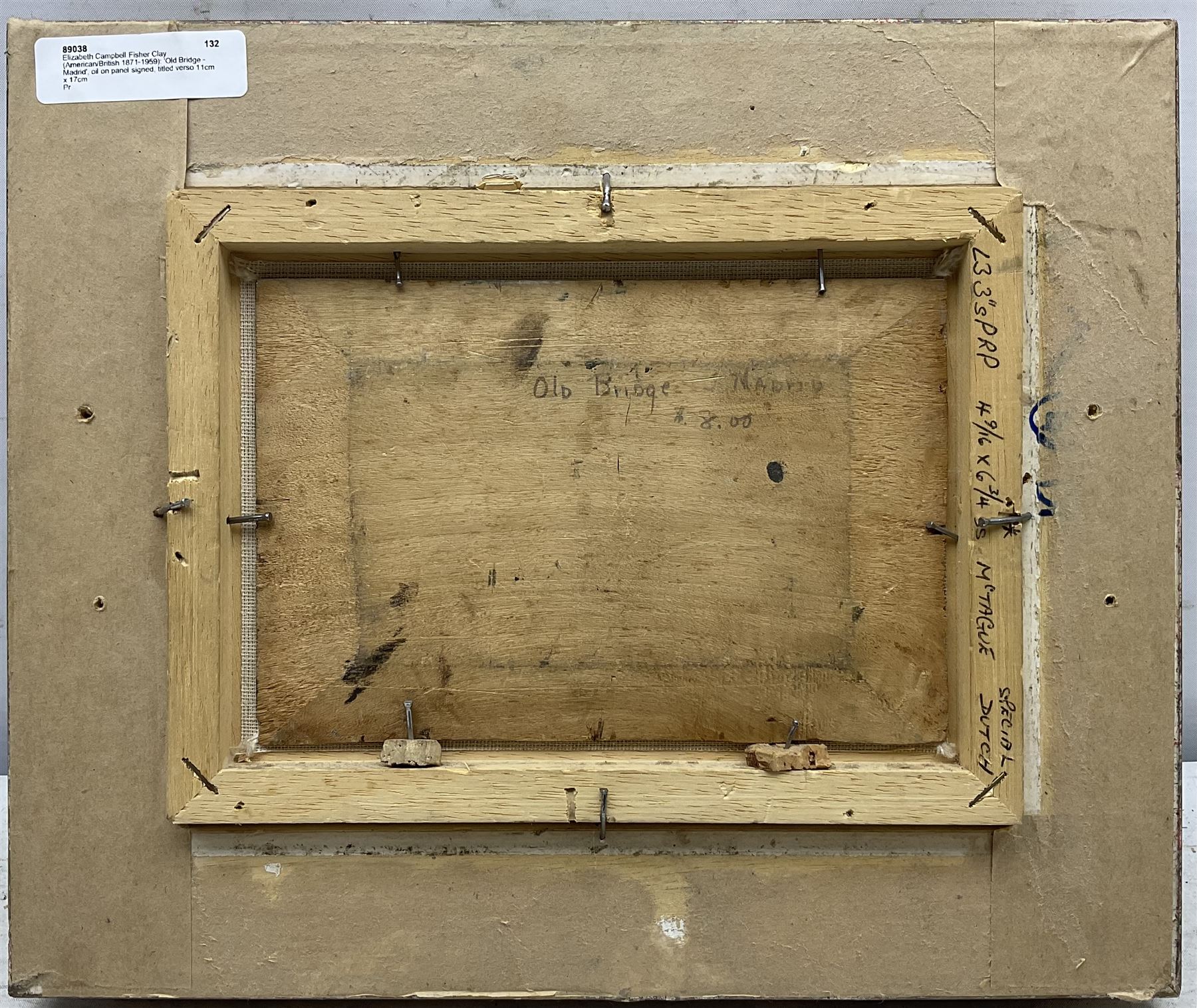 Elizabeth Campbell Fisher Clay (American/British 1871-1959): 'Old Bridge - Madrid', oil on panel signed, titled verso 11cm x 17cm 
Provenance: West Yorkshire dec'd estate; with Christie's London 21st July 1988 Lot 116 
Notes: signed 'EC Fisher', painted before her marriage to Howard Clay on 20th April 1909.