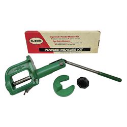 RCBS single station loading press with shell holder and powder funnel; and boxed Lee Powder Measure Kit