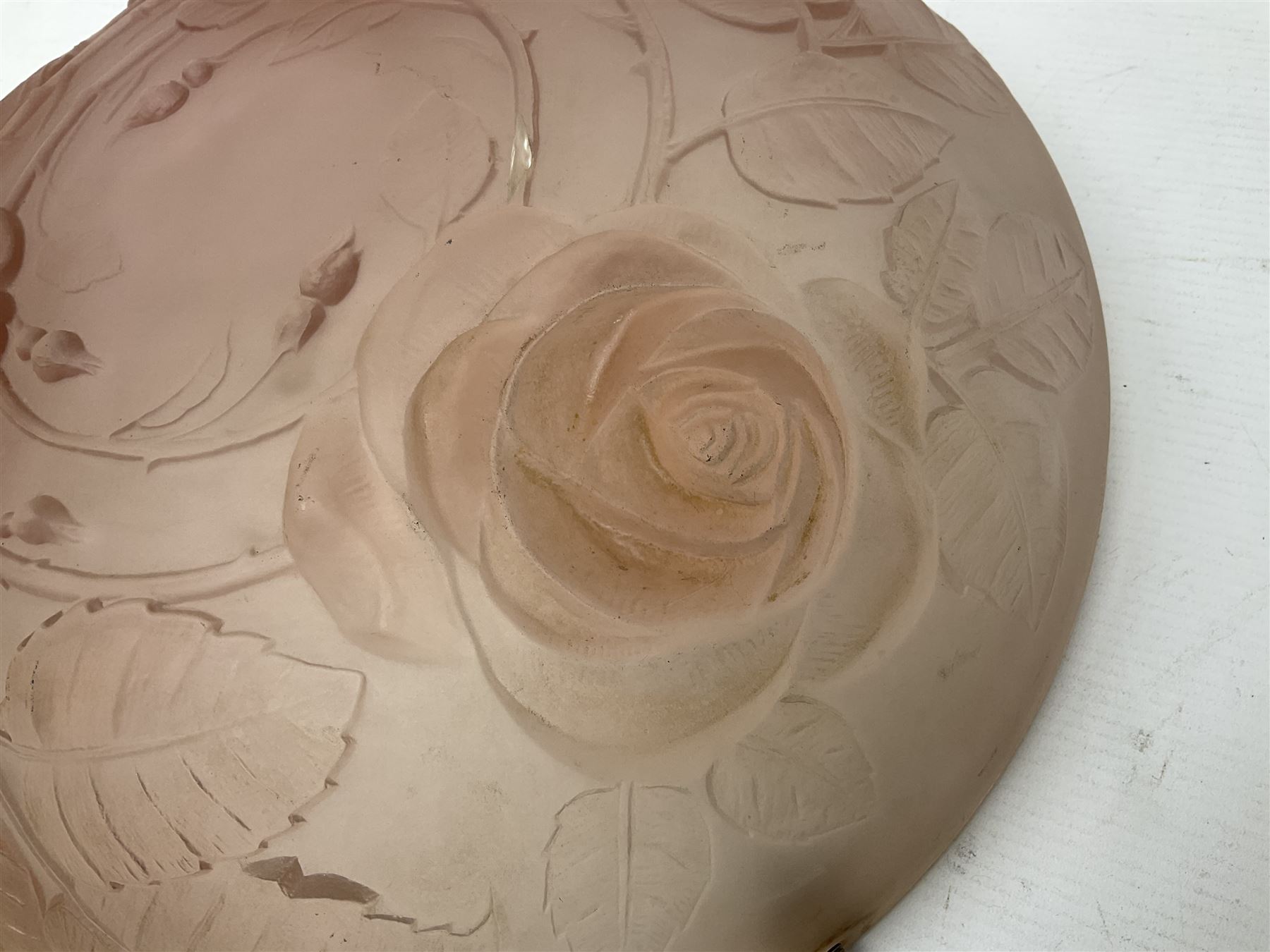 1930s pink frosted glass ceiling light shade, decorated with roses, D