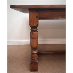  17th century style oak refectory table, turned supports joined by floor stretcher, 214cm x 92cm, H77cm  