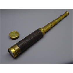  19th century leather bound brass four-drawer telescope with eyepiece cover and end cap, L92cm max  