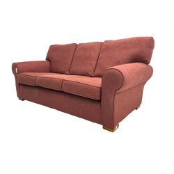 Multiyork - traditional three seat sofa upholstered in claret red fabric (W200cm H80cm); and pair matching armchairs (W103cm) 