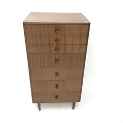  Mid 20th century teak pedestal chest, seven graduating drawers, square tapering supports, W61cm, H120cm, D46cm  