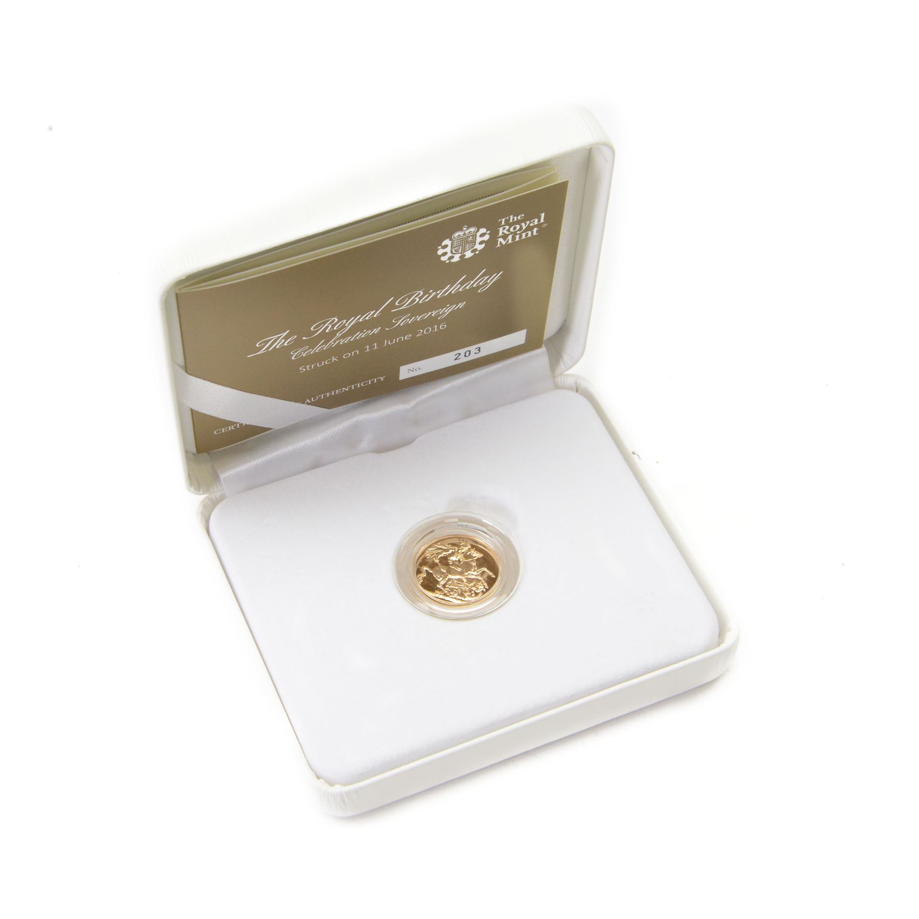 The Royal Mint United Kingdom 2016 'The 90th Birthday of Her Majesty The Queen' gold brilliant uncirculated full sovereign coin, 'Struck on 11 June 2016', cased with certificate