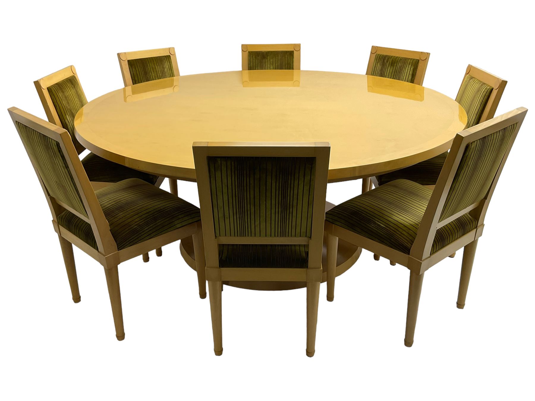 Contemporary beech and maple dining table, circular top on tapered cylindrical pedestal inlaid with rectangular panels, on circular base; together with set eight beech high back chairs upholstered in striped fabric, on turned supports 