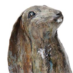 Galea Belinscaia (Yorkshire Contemporary): Hare, glazed figurative sculpture, H42cm Notes: Awarded second prize in the 2019 Bradford Open exhibition and Art Competition judged by John Loker and Caroline Douglas. The sculpture was complimented for its tremendous presence, with the judges noting that Belinscaia's work is 'witty, inventive and wonderfully dynamic.'
