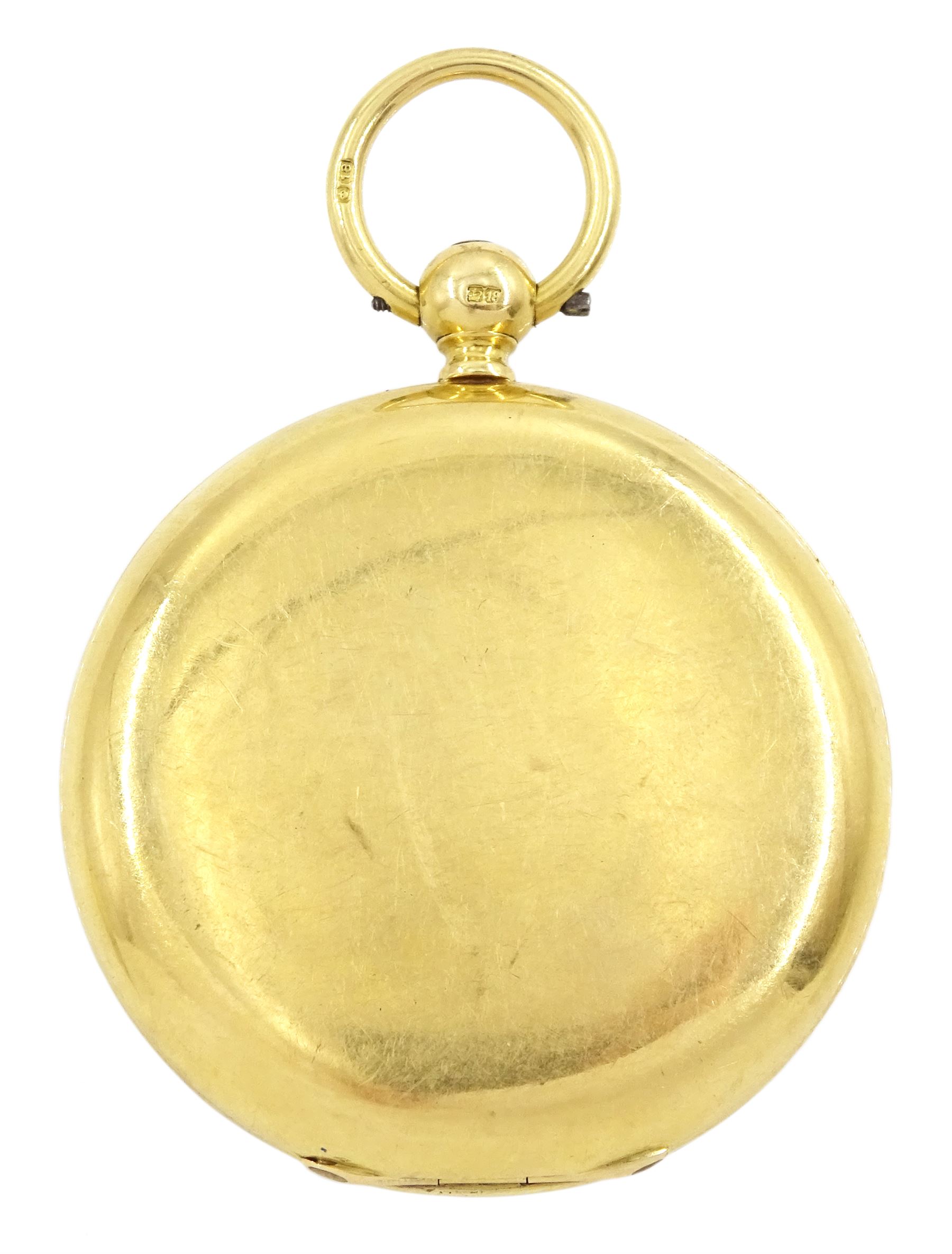 Victorian 18ct gold full hunter key wound lever pocket watch by J & W Marshall, 44 George Street, Edinburgh, No. 9637, engraved balance cock with diamond endstone, white enamel dial with Roman numeral hour markers and subsidiary seconds dial, back case engraved with monogrammed initials, stag below emblem 'Si Deus Quis Contra' by George Henry Hornby, London 1875