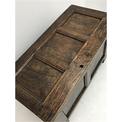 18th century oak blanket chest, panelled lid and front, stile supports, W98cm, H58cm, D49cm