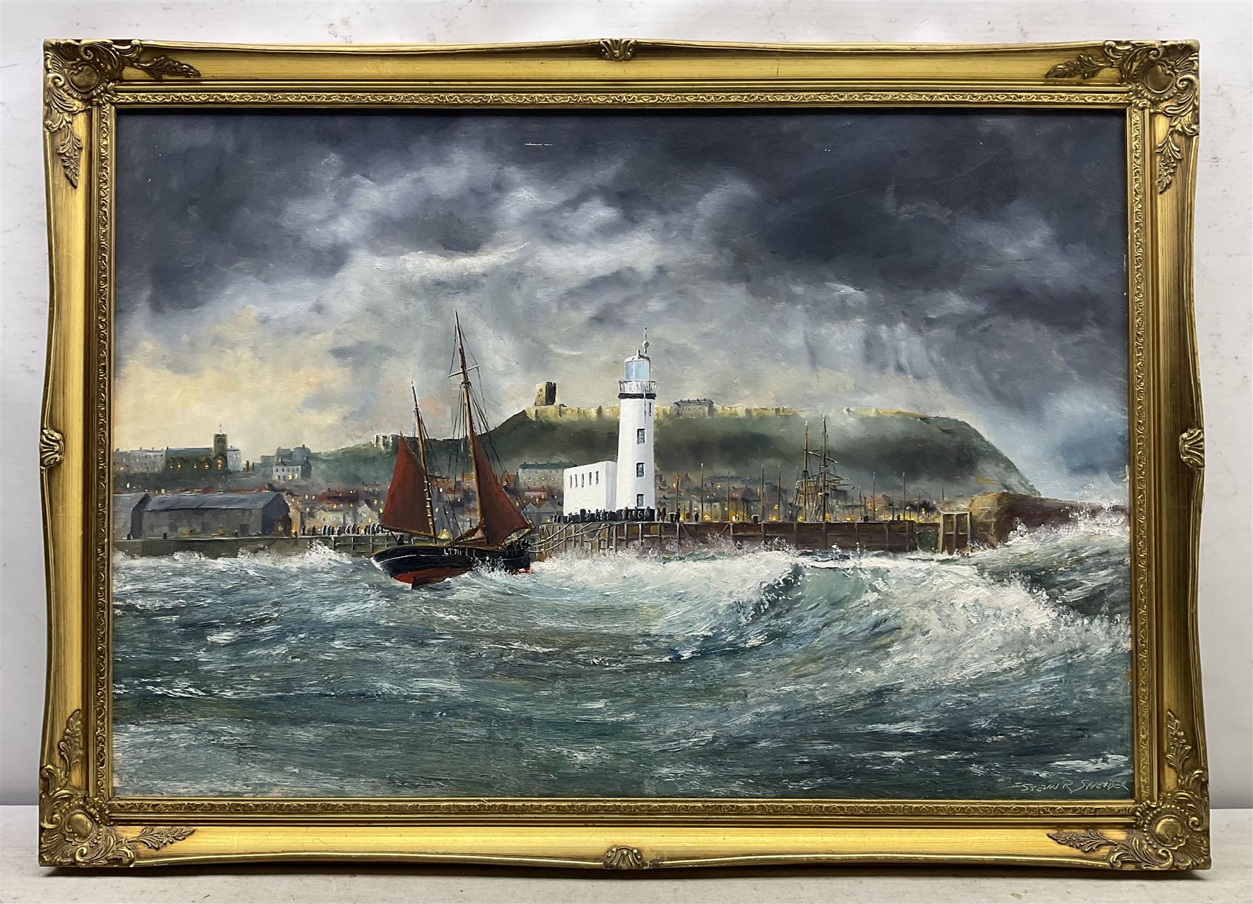 Robert Sheader (British 20th Century): Scarborough and the Storm, oil on board signed 54cm x 80cm