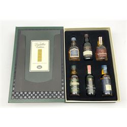 Classic Malts of Scotland 'The Distillers Edition' boxed set of six double matured single malt whiskies, Dalwhinnie distilled 1980 43%vol, Talisker distilled 1986 45.8%vol, Glenkinchie distilled 1986 43%vol, Cragganmore distilled 1984 40%vol, Lagavulin distilled 1979 43%vol and Oban distilled 1980 43%vol, all 5cl