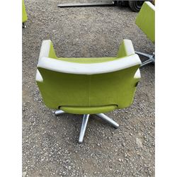 Salon Equipment - Set of four green and white faux leather hydraulic styling salon chairs - THIS LOT IS TO BE COLLECTED BY APPOINTMENT FROM DUGGLEBY STORAGE, GREAT HILL, EASTFIELD, SCARBOROUGH, YO11 3TX