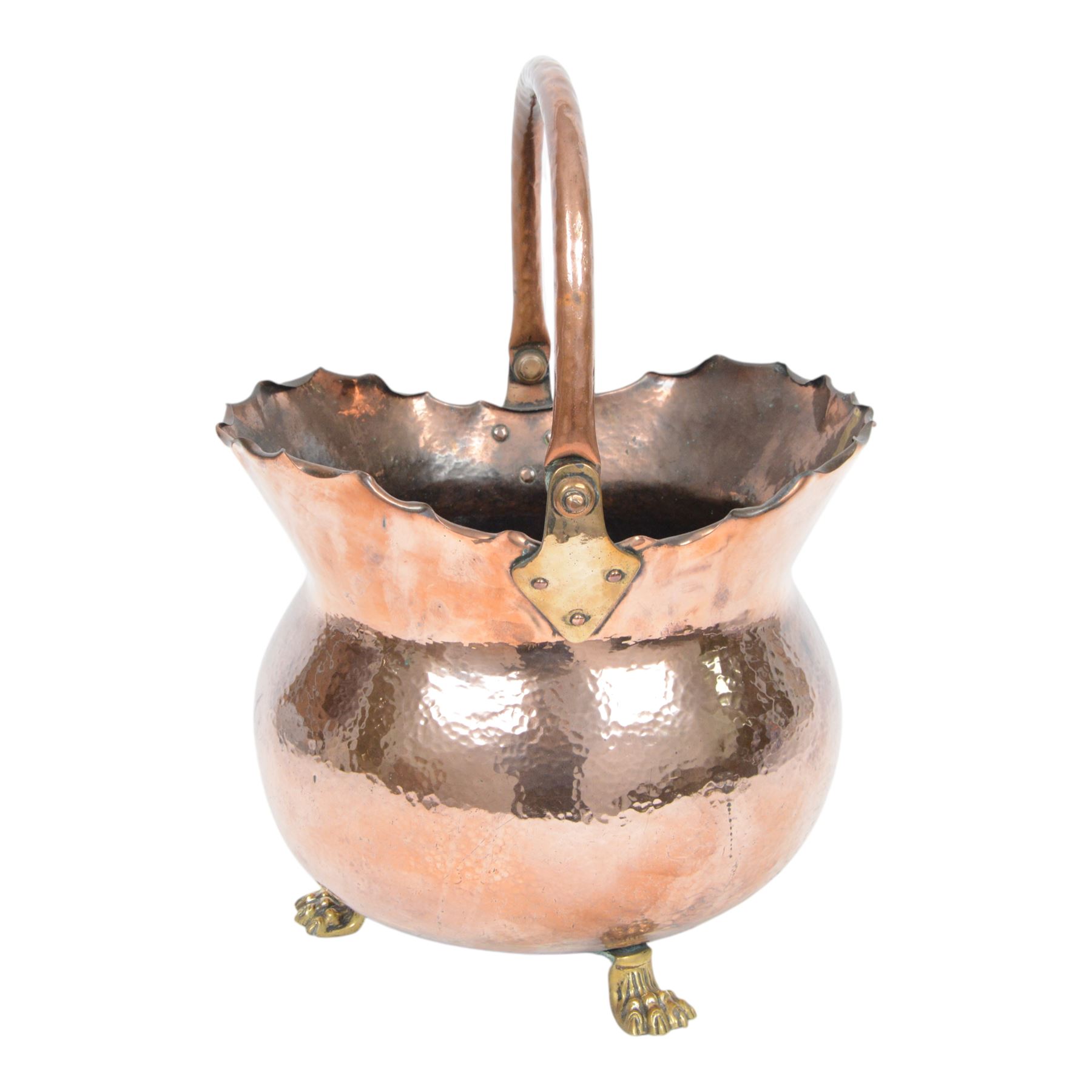 Victorian copper coal bucket, of bellied form with swing handle, upon three brass lion paw feet, not including handle H33cm, together with brass fireside accessories