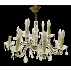 Victorian style glass eight branch chandelier, with drip trays, brass tone support, and drops
