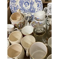 Collection of Royal Commemorative ware, to include Spode Silver Jubilee mug, Shelly King George mug, Burleigh Ware Coronation plate, Boncath Pottery 80th birthday of the queen mother cup, and other mugs, plate, etc., in one box 