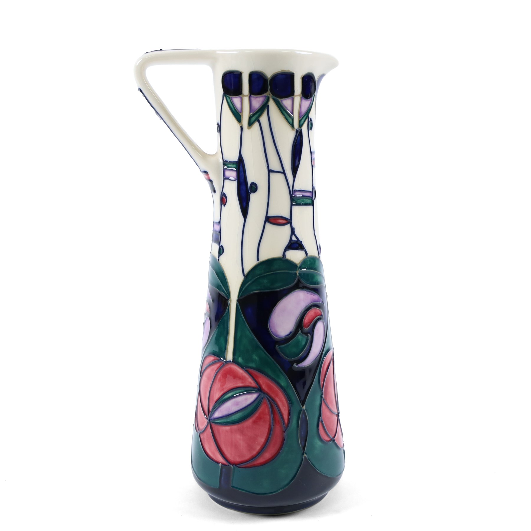 Moorcroft Tribute To Charles Rennie Mackintosh jug and candlestick, designed by Rachel Bishop, jug H24cm