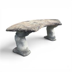 Weathered cast stone three-piece curved bench, raised on naturalist tree-stump style end supports