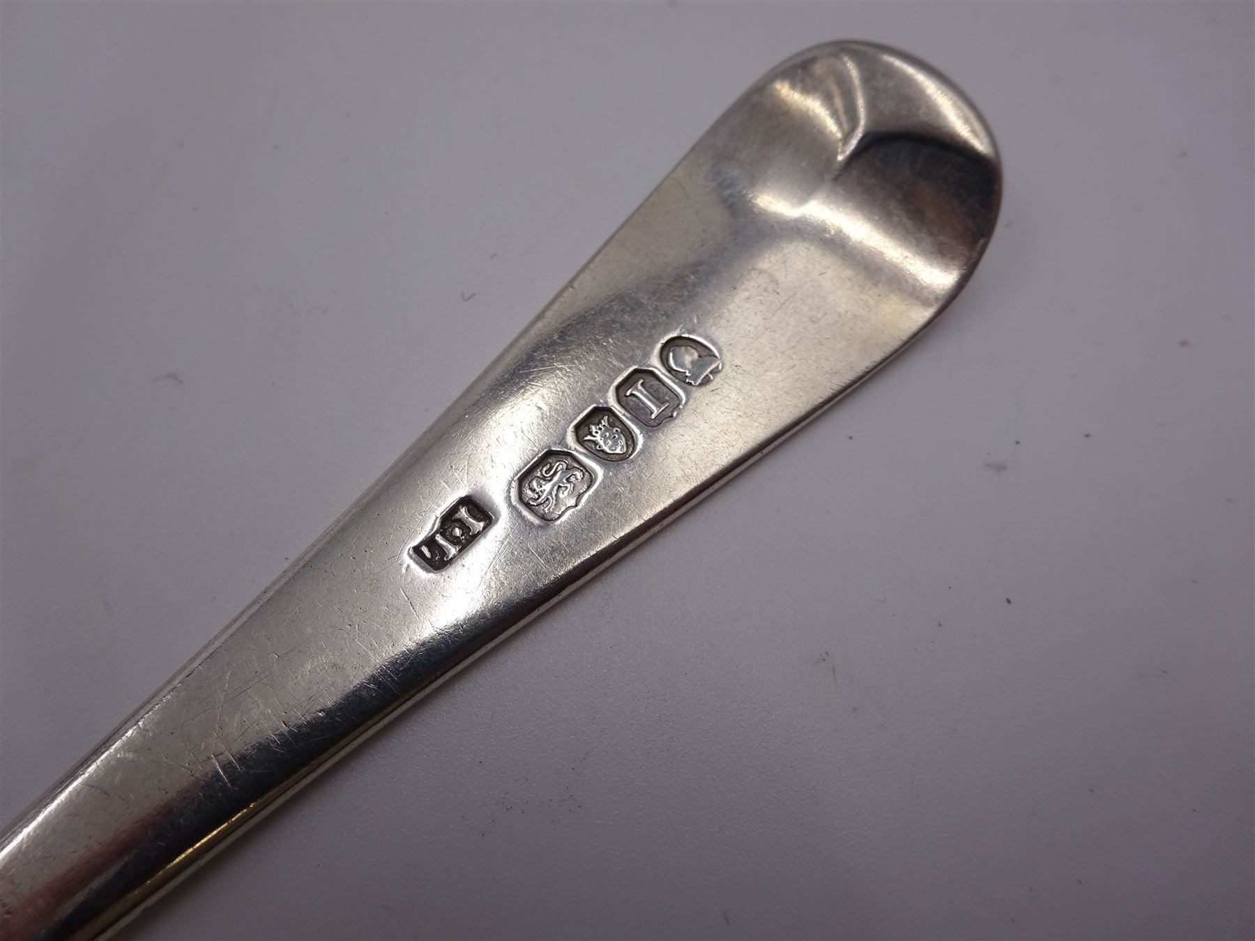 Six George III silver Old English pattern table spoons, including Newcastle silver example, with engraved initial to terminal, hallmarked Dorothy Langlands, Newcastle 1813, the five other examples all hallmarked London, dated between 1804 and 1818,  by various makers including Peter & William Bateman