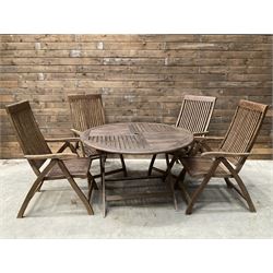 Garden teak table with set four high back reclining chairs