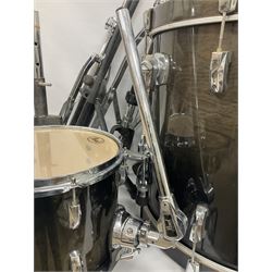 Pearl Vision SST Birch Ply shell four-piece drum kit in black comprising bass drum with foot pedal and three graduated toms; together with Pearl Custom Alloy Sensitone steel snare drum, drum and cymbal stands, microphone stand, stool and various drum sticks 