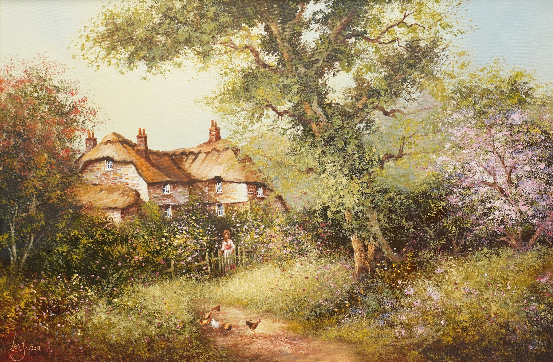 Les Parson (British 1945-): Thatched Cottage Overlooking a Blossoming Meadow, oil on canvas signed 49.5cm x 74.5cm