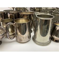 Collection of pewter and silver-plated trophy cups and presentation tankards, largest H28cm
