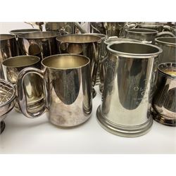 Collection of pewter and silver-plated trophy cups and presentation tankards, largest H28cm
