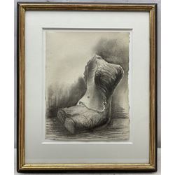 Henry Moore OM CH FBA (British 1898-1986): 'Seated Torso II', pencil ballpoint pen and charcoal signed 28cm x 22cm 
Provenance: with the Waddington Galleries, London; exh. Goodman Gallery, South Africa, 1st-22nd February 1986 
Literature: Ann Garrould (Ed.), Henry Moore, Complete Drawings Volume 4, Drawings 1950-76, Lund Humphries, London, 2003, HMF 75(84), p.315 
Notes: This drawing is page number 15 from the Parchment Notebook, 1975, previously known as Notebook 1. This notebook 'was originally bound in a parchment cover bearing the dedication Mary and a listing of Renaissance artists, some with dates. There is no record of the number of pages; those drawn were signed in 1984 and the notebook was taken apart in 1985'.