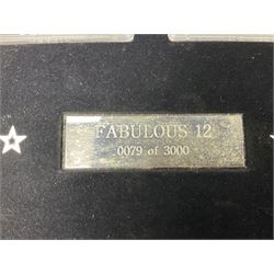 'The 2012 Fabulous 12 Silver Coin Collection' including Queen Elizabeth II Britannia one ounce silver two pound coin, Queen Elizabeth II Canada Maple Leaf one ounce silver five dollar coin, Queen Elizabeth II Australian Koala one ounce silver one dollar coin, Austrian Philharmonic one and a half euro coin, etc., in wooden presentation case