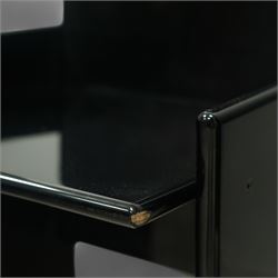 Kazuhide Takahama for Simon Gavina - set of six 1970's Italian designer black lacquered 'Kazuki' dining chairs, high slanted back over rectangular seats and broad panelled side supports, labelled to underside