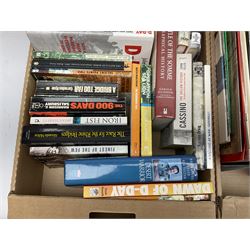 Large collection of hardback and paperback books, mainly military books, to include Band of Brothers, Dawn of D-Day, Dessert Warrior, Book of the Somme, Battle of Britain, etc in four boxes  