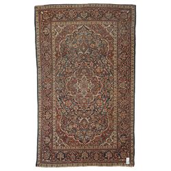 Persian Kashan rug, central symmetrical medallion on ivory ground with floral extensions, ...